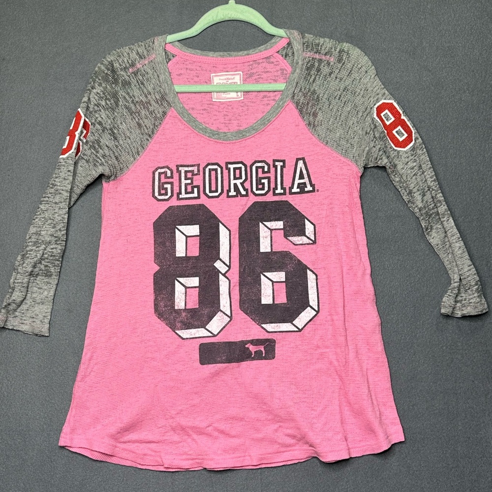 PINK Victoria's Secret Pink & Gray 'Georgia 86' Raglan Long Sleeve Tee EUC Large